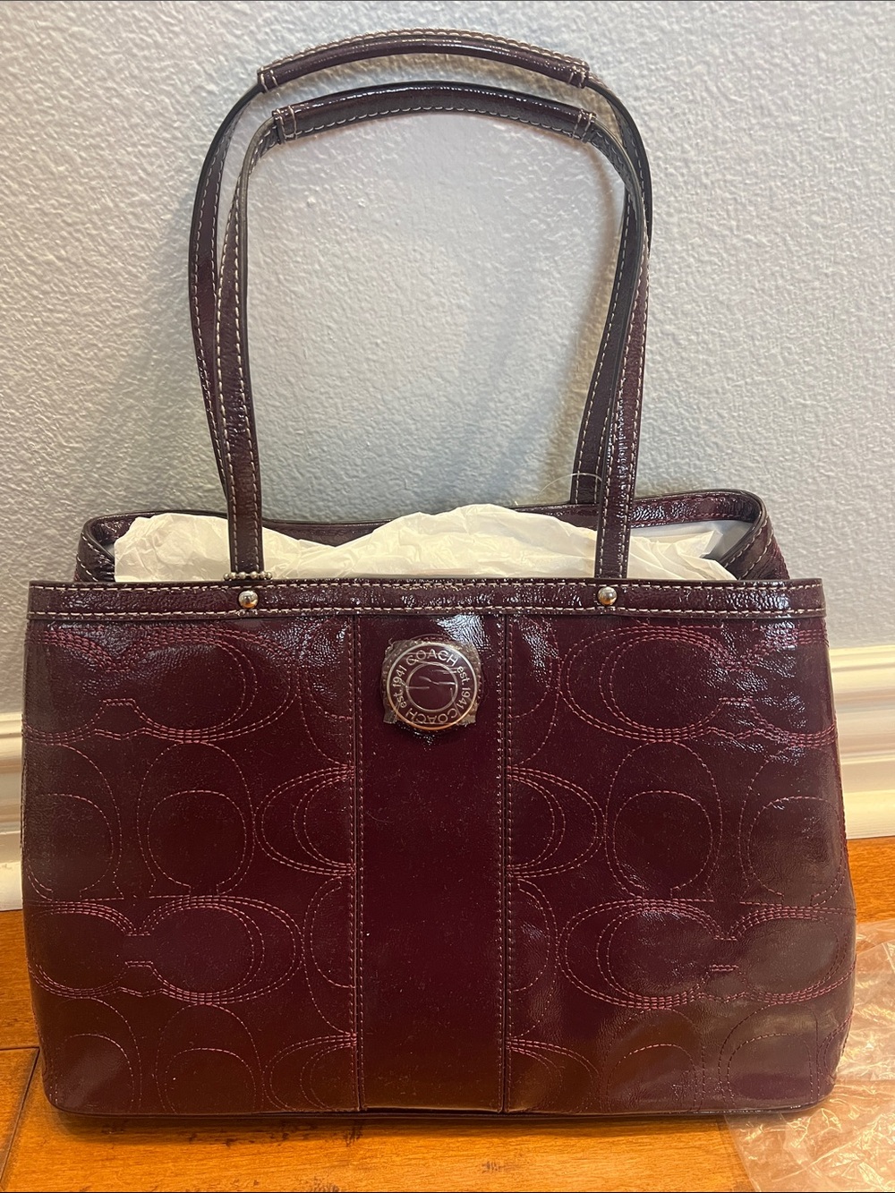 NWT Coach Patent Embossed Tote in Burgundy